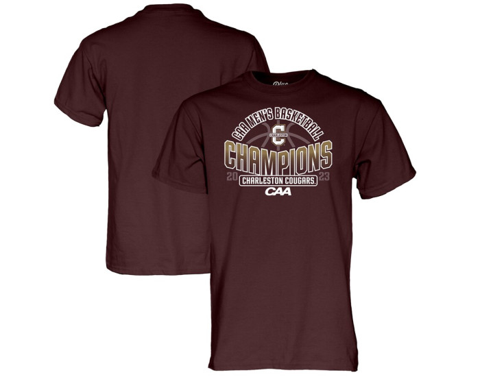  Charleston Cougars Blue 84 2023 CAA Men's Basketball Conference Tournament Champions Locker Room T-Shirt - Maroon