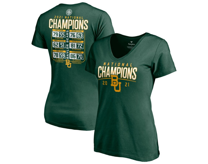 Baylor Bears Fanatics Branded Women's 2021 NCAA Men's Basketball National Champions Posterize Schedule V-Neck T-Shirt - Green