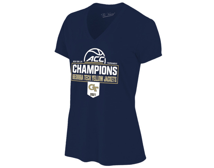 Georgia Tech Yellow Jackets Women's 2021 ACC Men's Basketball Conference Tournament Champions Locker Room V-Neck T-Shirt - Navy