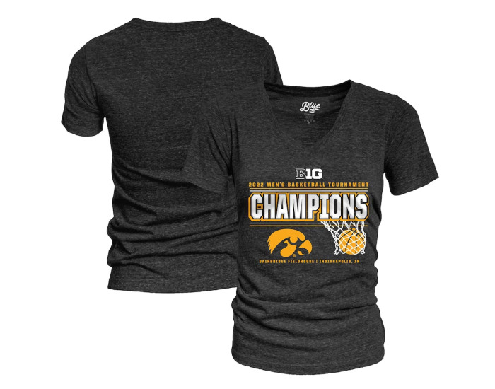 Iowa Hawkeyes Blue 84 Women's 2022 Big Ten Men's Basketball Conference Tournament Champions Locker Room V-Neck T-Shirt - Heathered Black