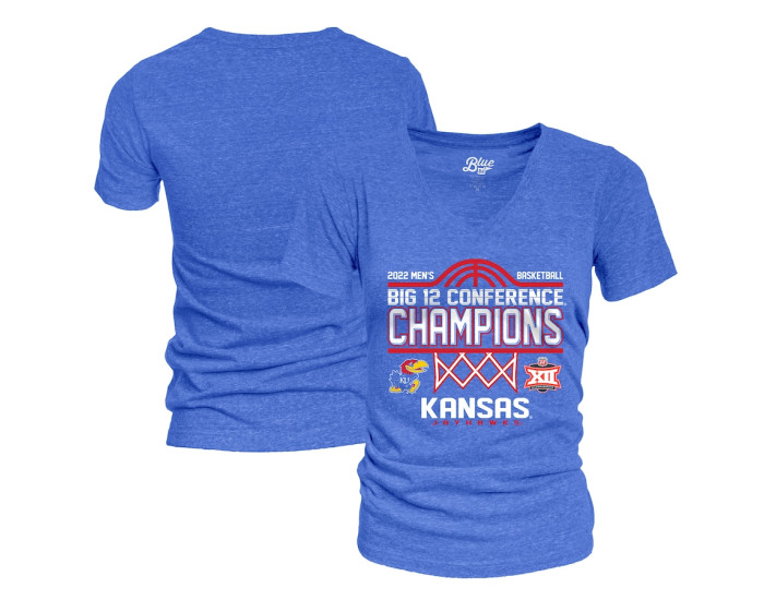 Kansas Jayhawks Blue 84 Women's 2022 Big 12 Men's Basketball Conference Tournament Champions Locker Room V-Neck T-Shirt - Heathered Royal