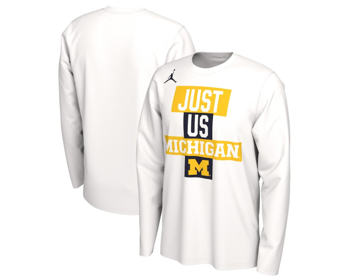 Michigan Wolverines Jordan Brand 2021 Postseason Basketball JUST US Bench Legend Long Sleeve T-Shirt - White