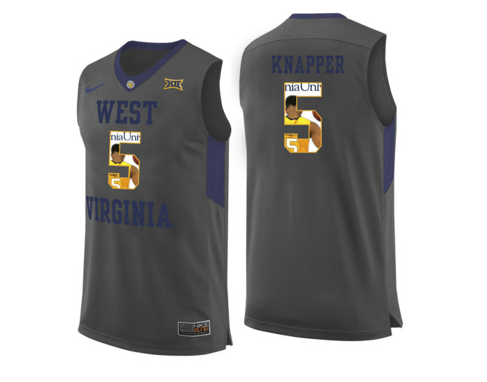 West Virginia Mountaineers #5 Brandon Knapper Authentic College Basketball Jersey Gray