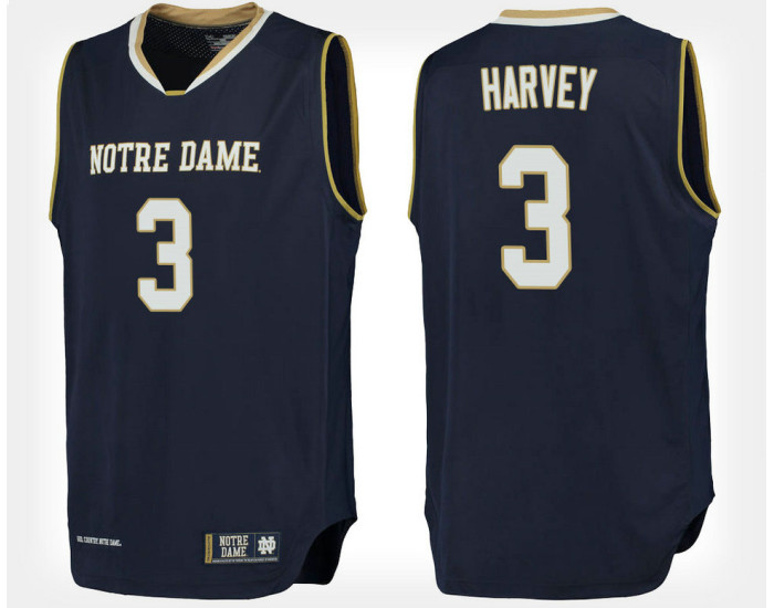Youth Notre Dame Fighting Irish #3 D.J. Harvey Navy Home Authentic College Basketball Jersey