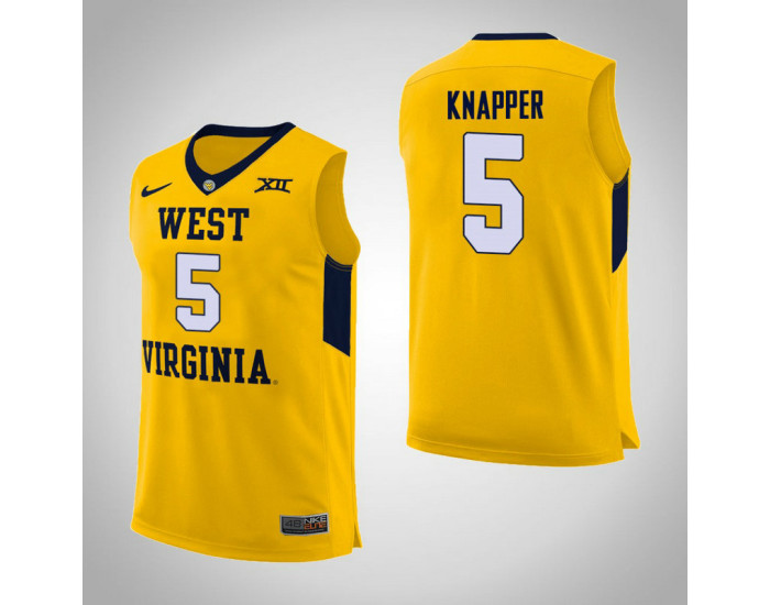 West Virginia Mountaineers #5 Brandon Knapper Authentic College Basketball Jersey Yellow