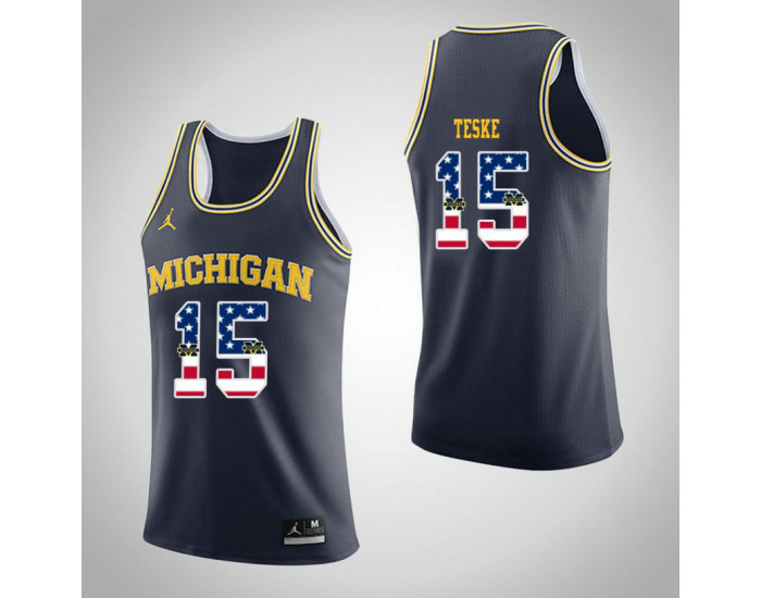 Youth Michigan Wolverines #15 Jon Teske Jordan Brand USA Flag Replica College Basketball Jersey Navy
