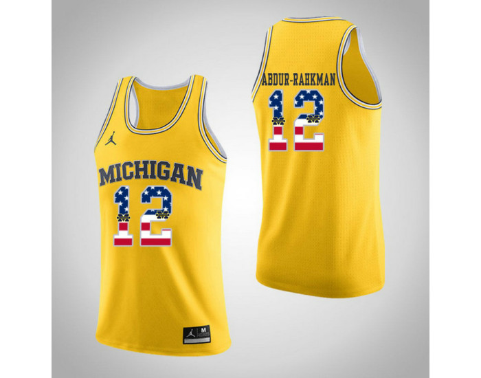 Youth Michigan Wolverines #12 Muhammad-Ali Abdur-Rahkman Jordan Brand USA Flag Replica College Basketball Jersey Yellow