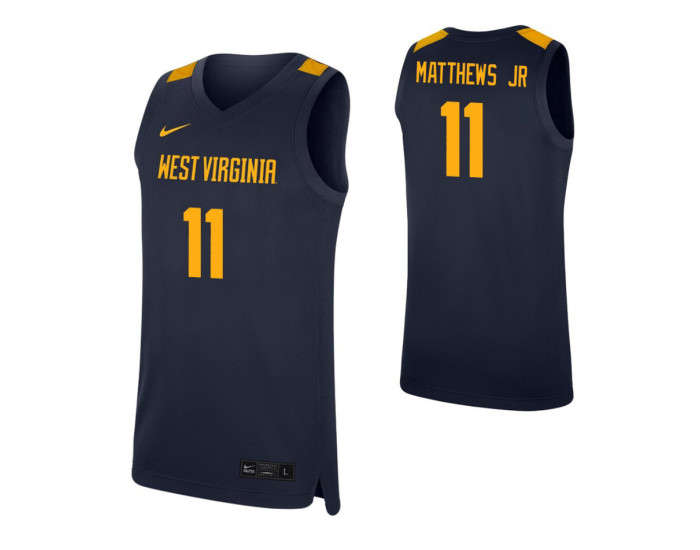 Youth West Virginia Mountaineers #11 Emmitt Matthews Jr. Navy Replica College Basketball Jersey